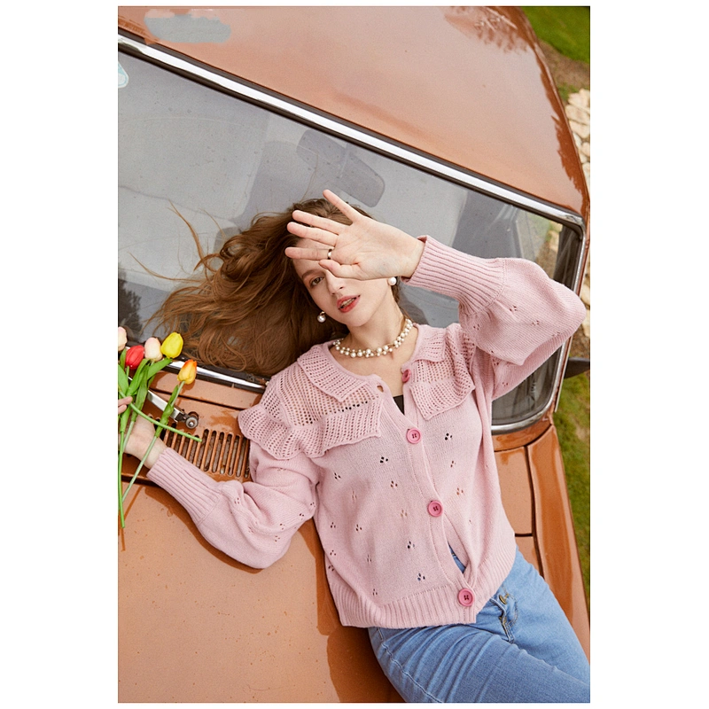 Vintage loose short cardigan long sleeve ruffled knitwear basic roseate autumn women sweaters