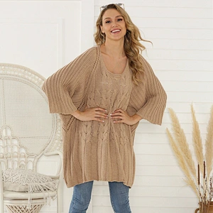 New Round Neck Mid Sleeve Pullover Jumper Loose Knit Long Plus Size Women Sweaters