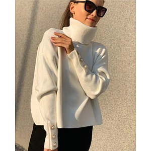 2020 Fshion female elegant pure color pullover sweater  blue boho turtleneck sewater with buttons women