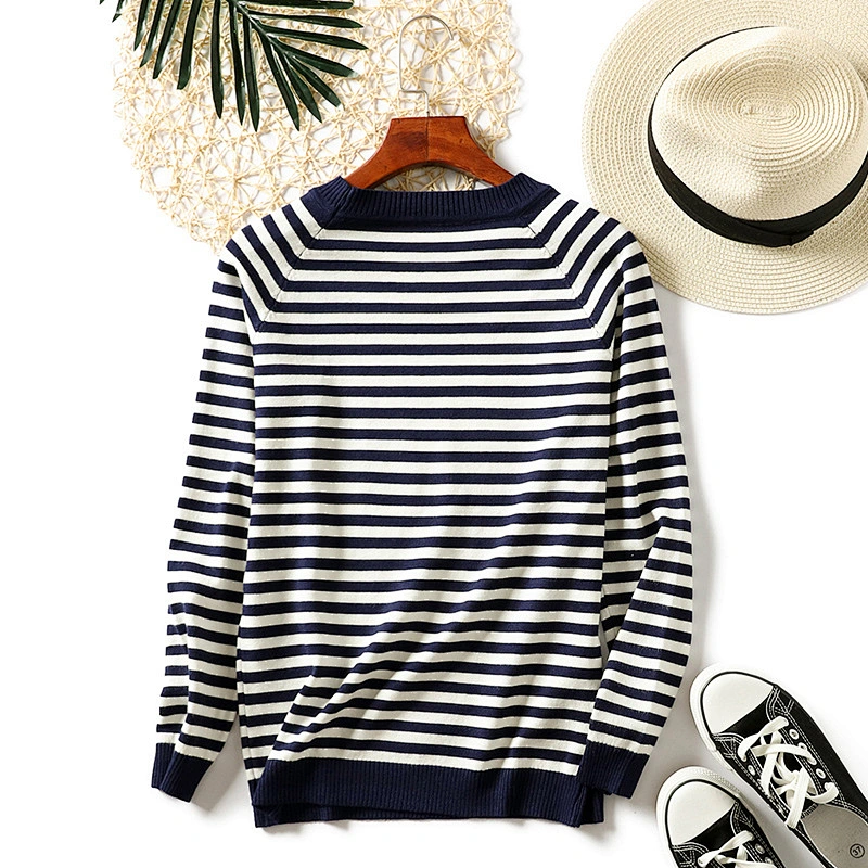 Simple long-sleeved knitted sweaters women round neck striped pullover