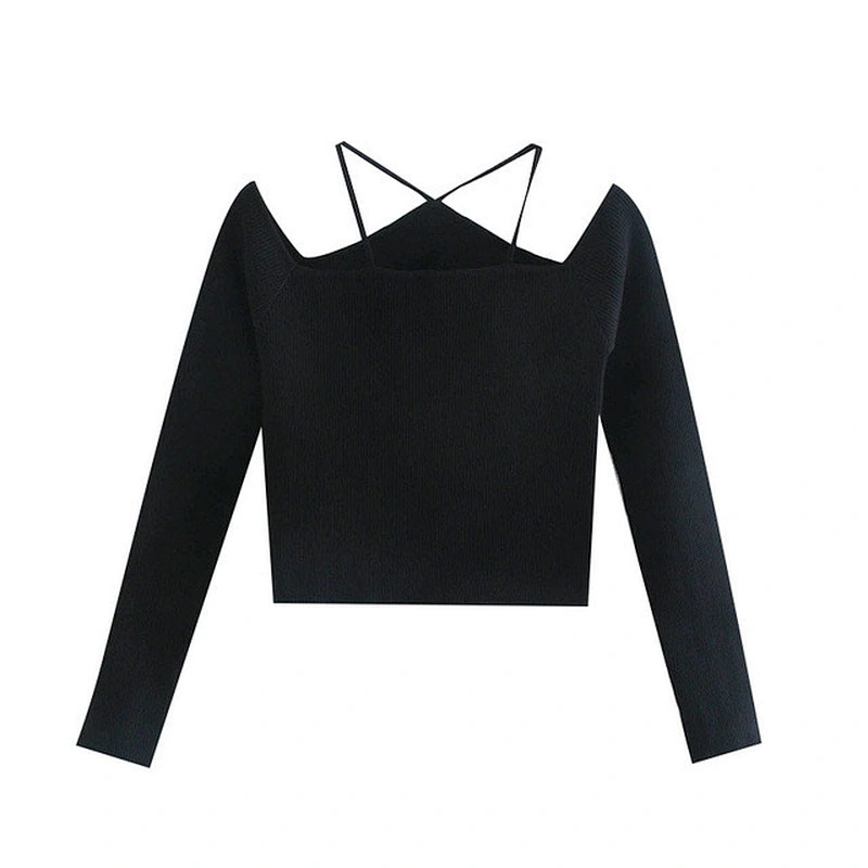 Straps Cut-out women brown black sexy sweater tops  trendy ripped wholesale backles fall fashion chic sweater