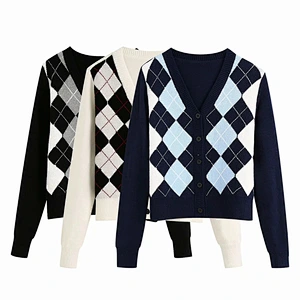 Women Cardigan Vintage Stylish Geometric Pattern Outerwear Fashion Long Sleeve Short Knitted Sweaters