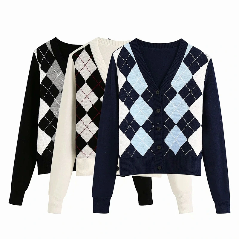 Women Cardigan Vintage Stylish Geometric Pattern Outerwear Fashion Long Sleeve Short Knitted Sweaters