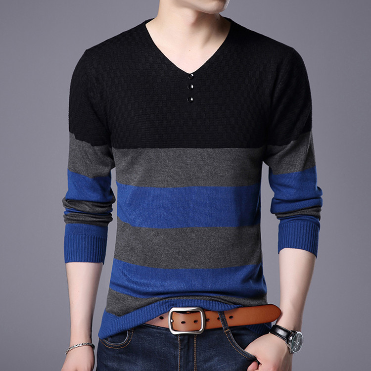 Men Casual Pullover Striped Button V-Neck Knitwear Shirt jumper Winter Cotton Men Jersey basic Sweater