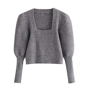 Vintage Square Collar designer sweater woman trendy white  Puff Sleeve Cropped Knitted sweater