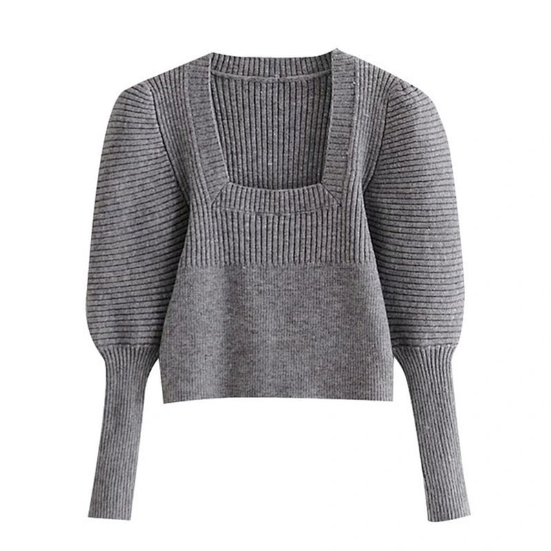 Vintage Square Collar designer sweater woman trendy white  Puff Sleeve Cropped Knitted sweater