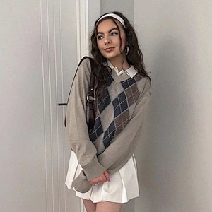 Loose thin long sleeve blouse rhombus autumn print brown chunky knit women's sweater
