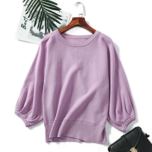 Winter knitted tops blouses women round neck puff sleeves solid color loose pullover sweaters