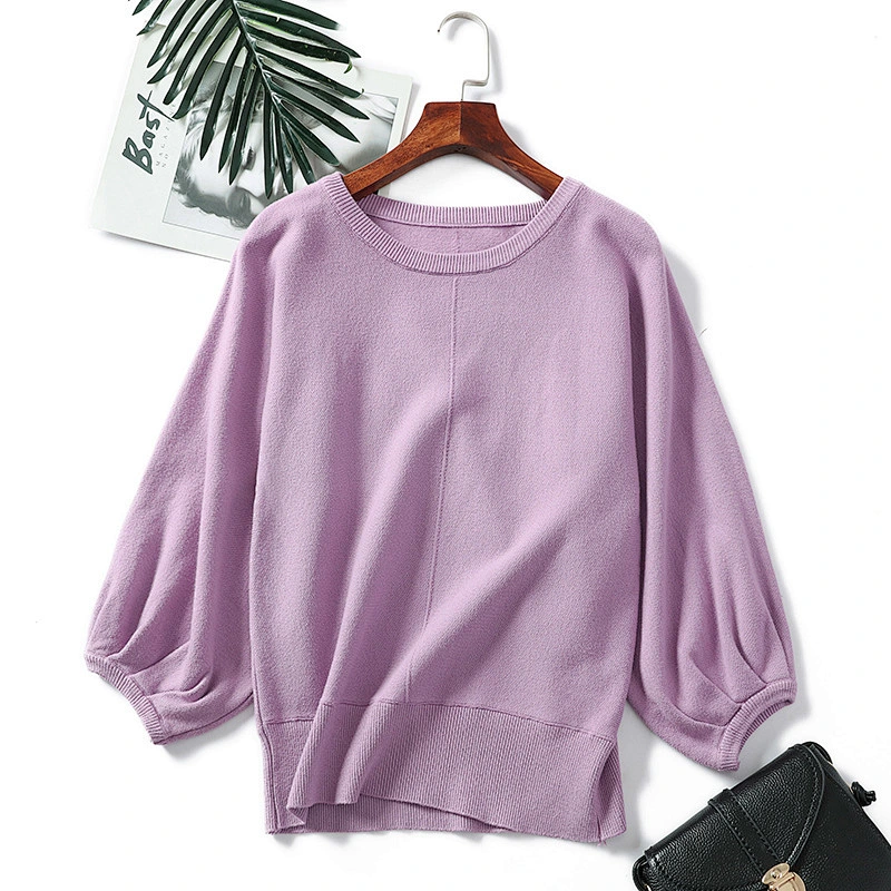 Winter knitted tops blouses women round neck puff sleeves solid color loose pullover sweaters
