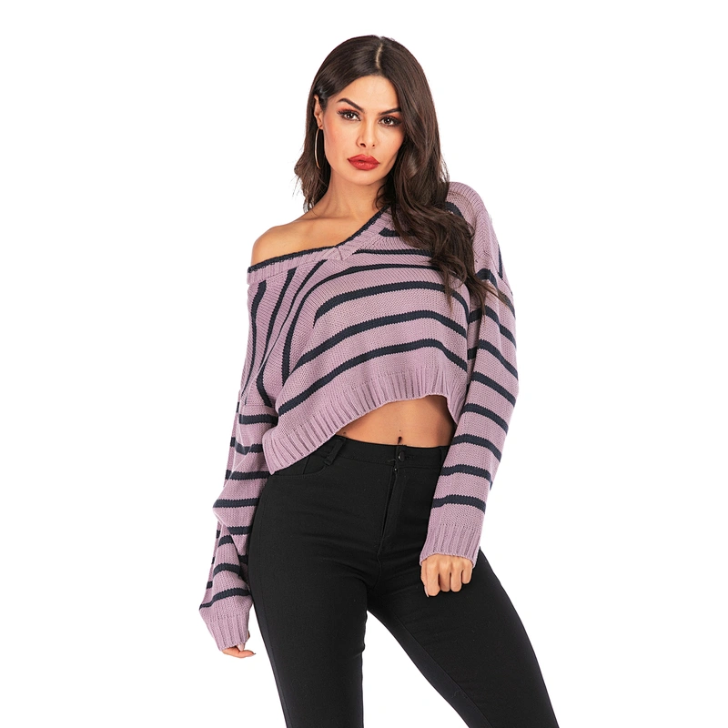 Pullover V-neck apparel striped loose knitwear women fashion sweater