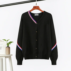 Striped woven wide loose knit 14GG cardigan blouse jacket newprep v-neck sweaters