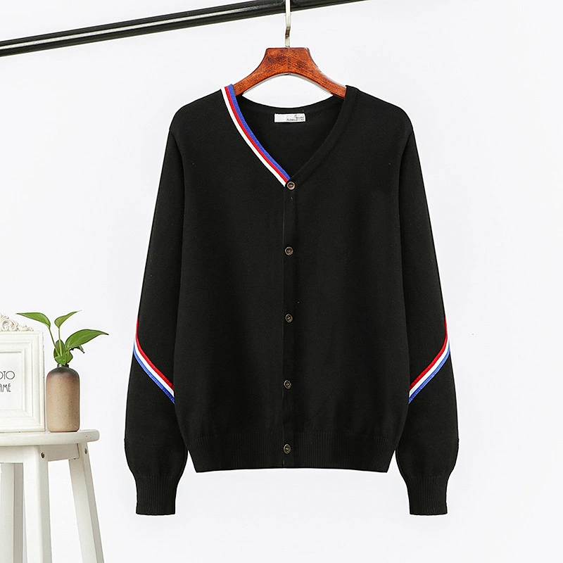 Striped woven wide loose knit 14GG cardigan blouse jacket newprep v-neck sweaters