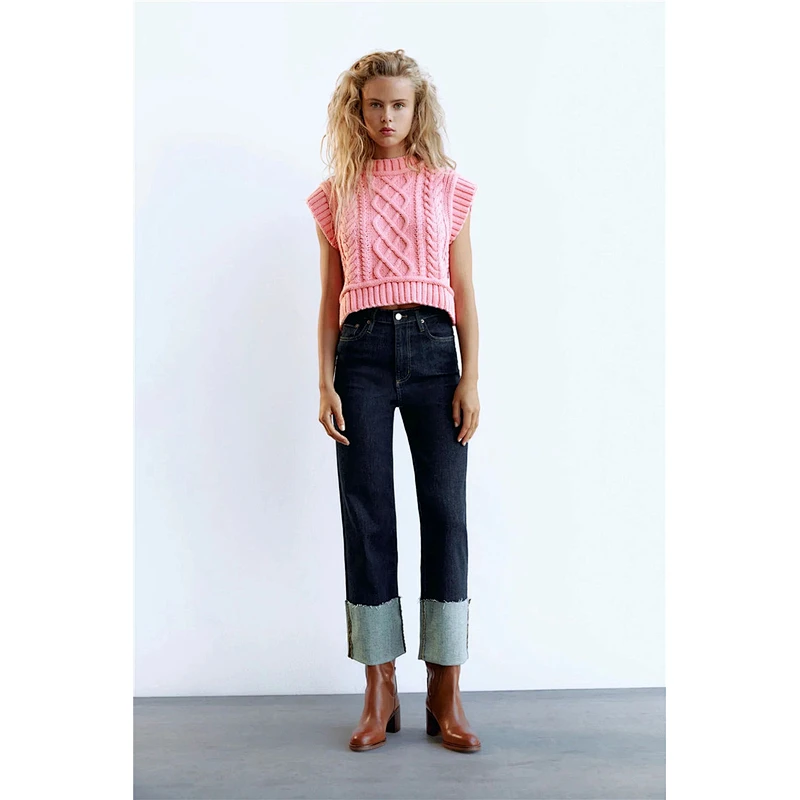 Sweet Fashion CabLe Knitted Cropped Women Vest Sweater High Neck Sleeveless Tops