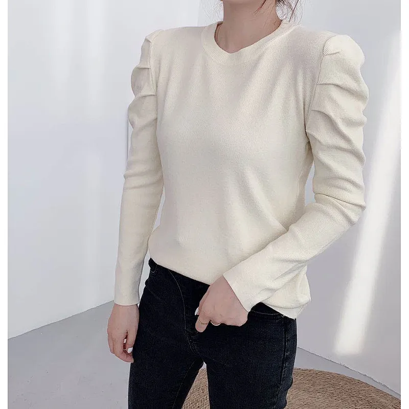 Knitted basic shirt sweater women puff sleeve long-sleeved solid color women knit top sweaters