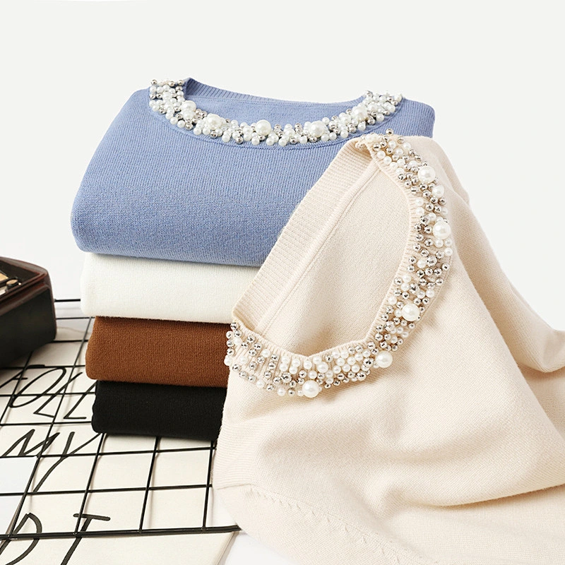 Winter beaded pullover blouses tops knitted women round neck long-sleeved sweater