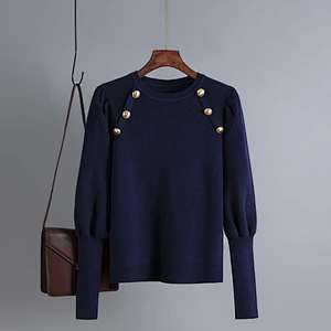 Solid color retro outfit Ruched sleeve round neck women knitted button sweater tops  blouses knitted basic sweaters