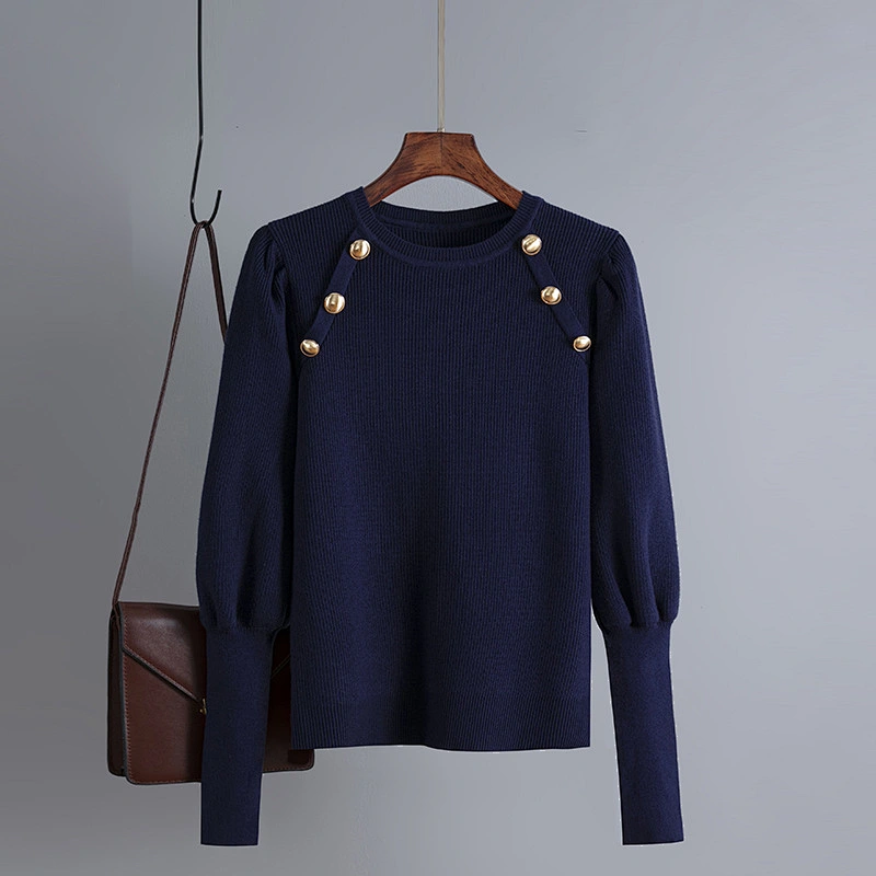 Solid color retro outfit Ruched sleeve round neck women knitted button sweater tops  blouses knitted basic sweaters