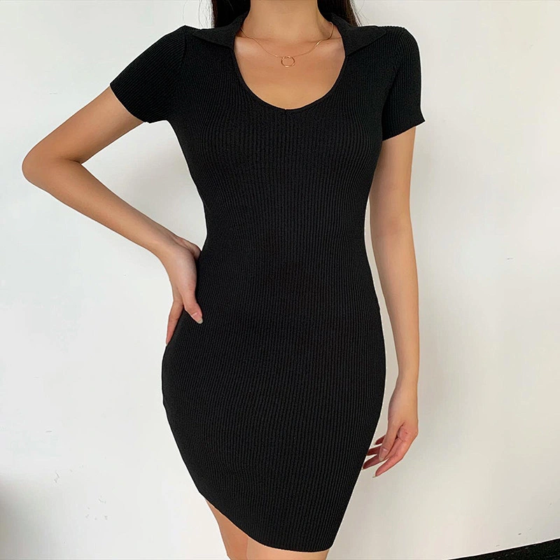V-Neck Short Sleeve Dress Elegant Women fashion chill Dress Fashion Clothes Summer cotton knit Short Bodycon Dress