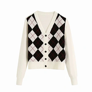 Women Cardigan Vintage Stylish Geometric Pattern Outerwear Fashion Long Sleeve Short Knitted Sweaters