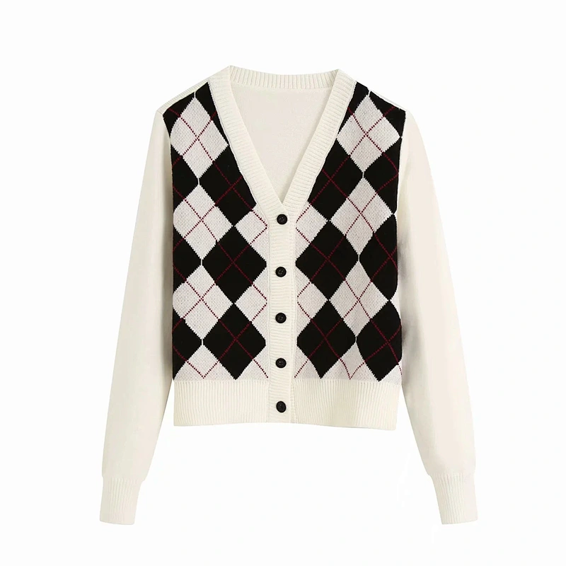 Women Cardigan Vintage Stylish Geometric Pattern Outerwear Fashion Long Sleeve Short Knitted Sweaters