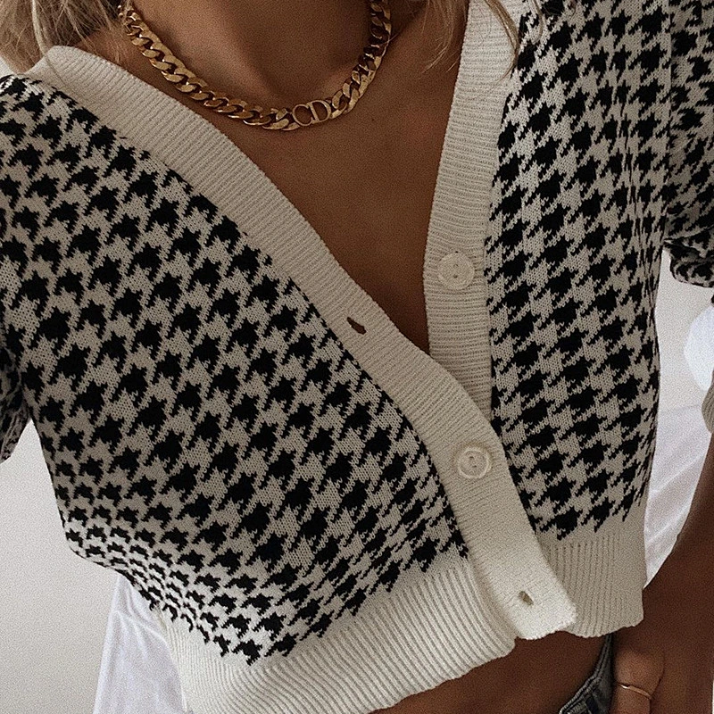 Autumn winter new fashion plaid V-neck coat cardigan sweater women casual woolen tops