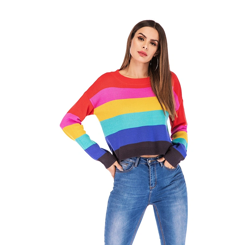 Women's loose knitwear fashion casual apparel rainbow striped long-sleeved sweater