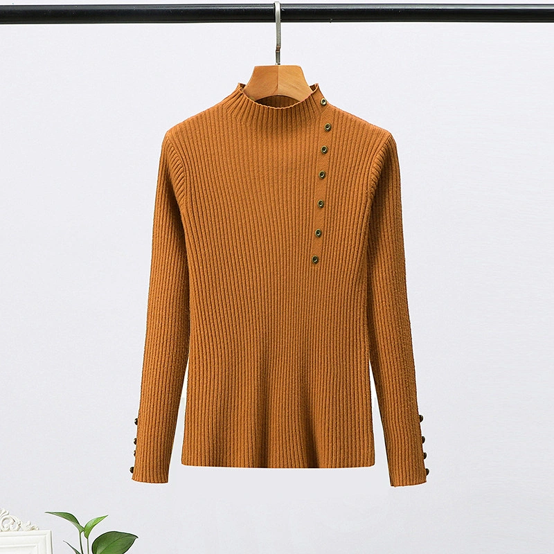 Multi-color Winter Clothing Solid Color Pullover Button Casual Womens Knit Sweaters