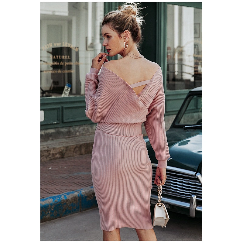 Pink Sexy v-neck women knitted sweater Dress Slim Fit Women Lady Elegant Bodycon Casual Dress