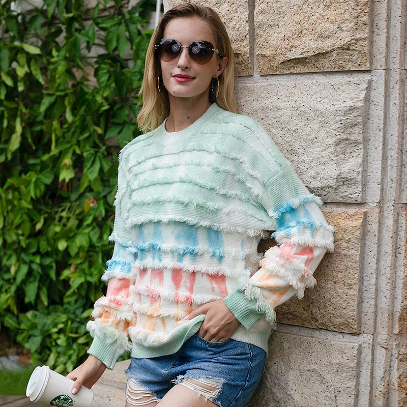 Winter tassel sweater pullover casual tops women loose tie-dye knitwear blouses