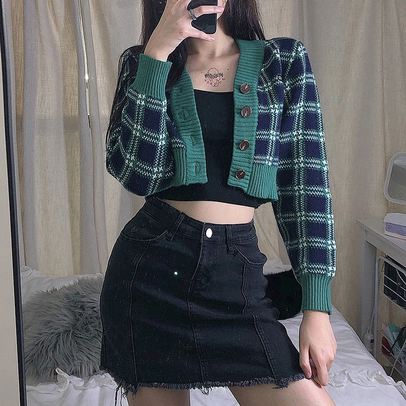 V-neck short cropped button wrap cardigan tops women jacket graphic autumn woman sweater