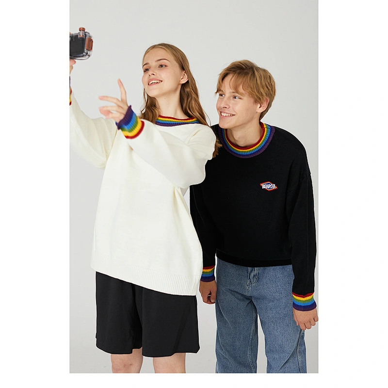 Unisex high collar oversize knitted sweater with logo custom embroidery men korean loose knitted sweater