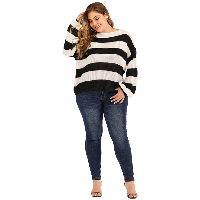 wholesale 2020 knitted Classic black and white stripes women pullover sweaters plus size sweater