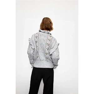 Fashion Embroidery Ruffled Loose custom pullover sweater knit women spring trendy sweater