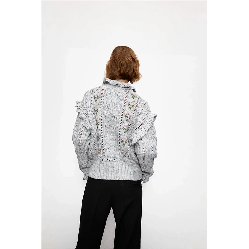 Fashion Embroidery Ruffled Loose custom pullover sweater knit women spring trendy sweater
