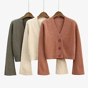 Autumn Flare Sleeve Cardigan Short Sweater Women Cotton Tops Ladies Soft Knitwear apparel stock