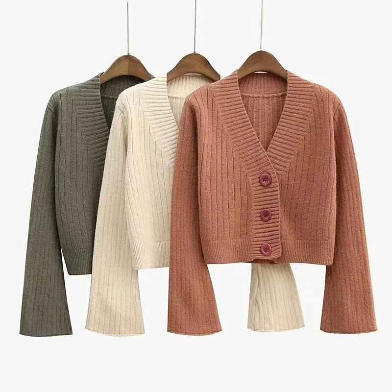 Autumn Flare Sleeve Cardigan Short Sweater Women Cotton Tops Ladies Soft Knitwear apparel stock