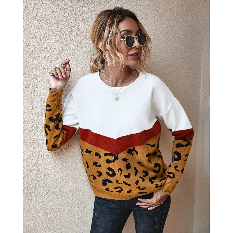 Women sweater trendy stitching leopard knit sweater wholesale hoodie apparel stock sueter mujer
