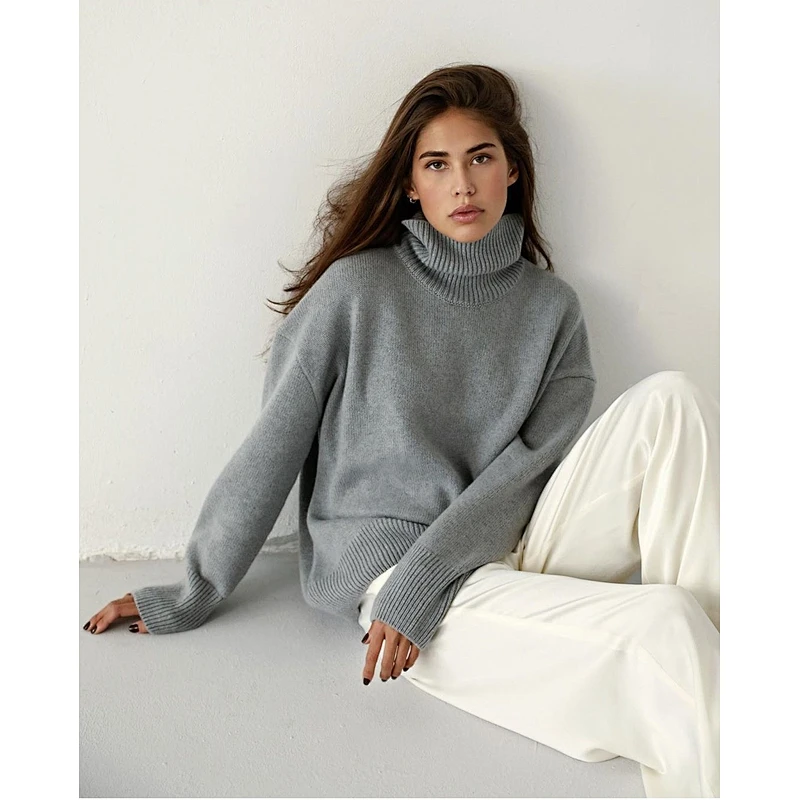Fall clothing for women pure color loose turtleneck sweater top long sleeve angora knit sweater