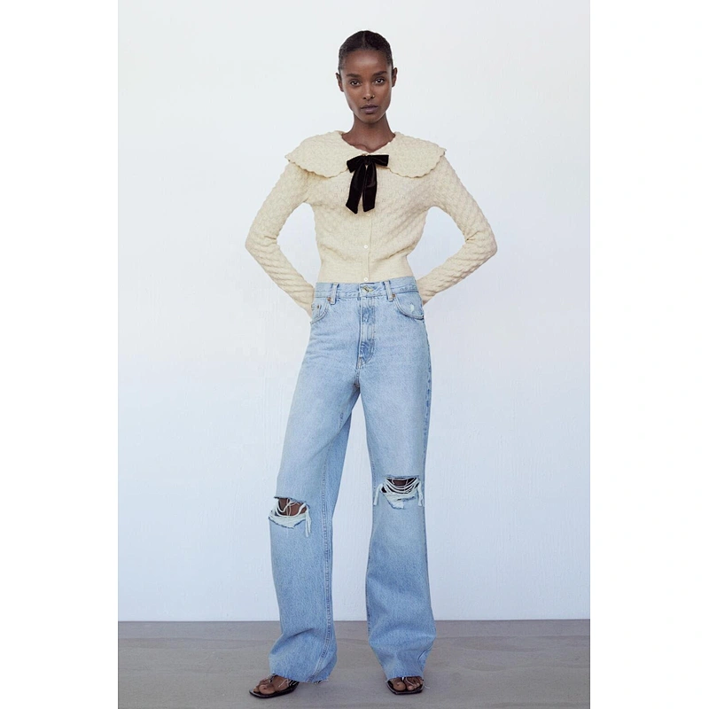 Jumpers woman Velvet Bow Striped Textured  custom knit sweater women knitted sweater for ladies