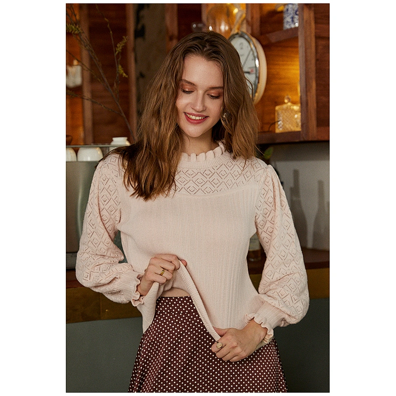 Puff sleeve spring knitwear pullover ruffles sweet girl fashion elegant sweater blouses for women