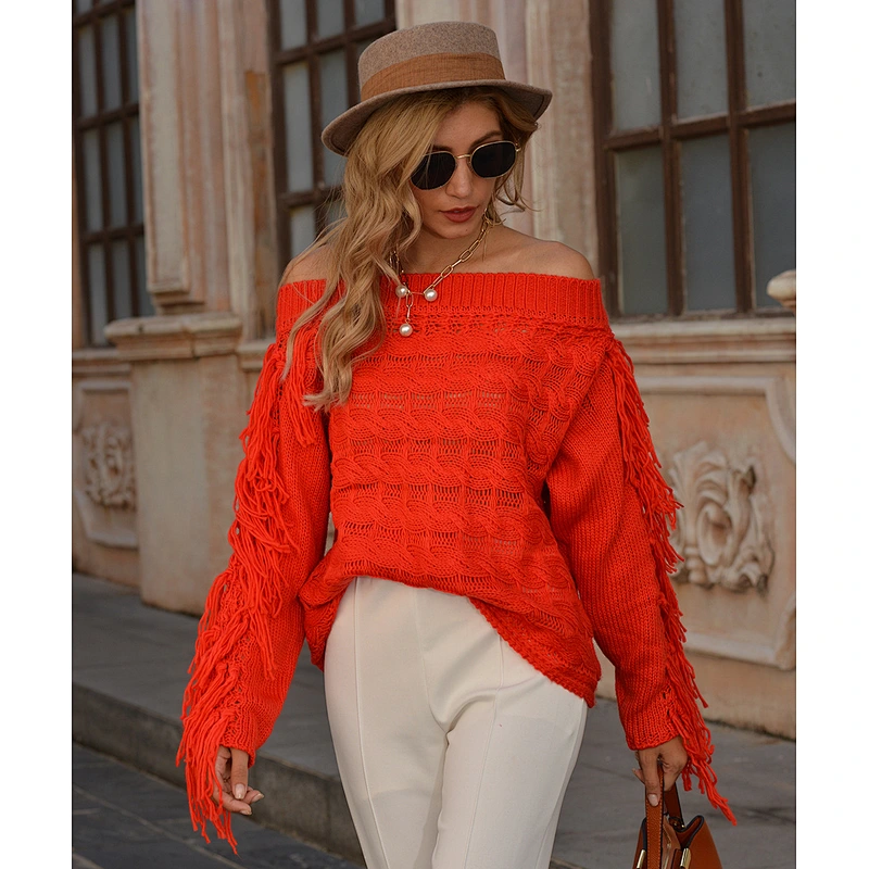 Christmas New Pullover Knitwear Sweater Neck Leaked Shoulder Women Tassel Short Red Knit Sweaters