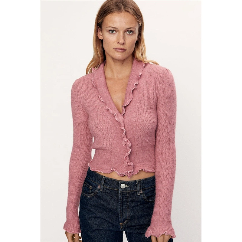 Cropped tops With Buttons Ruffled breathable fluffy soft sweater short knit sweater cardigan for women