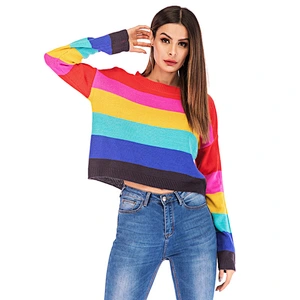 Women's loose knitwear fashion casual apparel rainbow striped long-sleeved sweater
