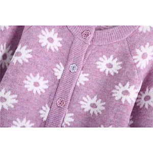 Purple women sweaters fashionable cardigans womens Floral Buttons cropped Knitted sweater