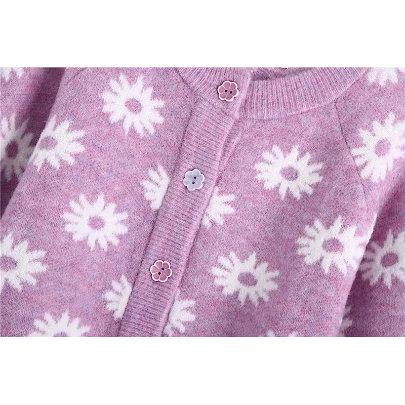 Purple women sweaters fashionable cardigans womens Floral Buttons cropped Knitted sweater