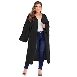 Plus size women loose pocket lantern sleeve long woven cardigan sweaters