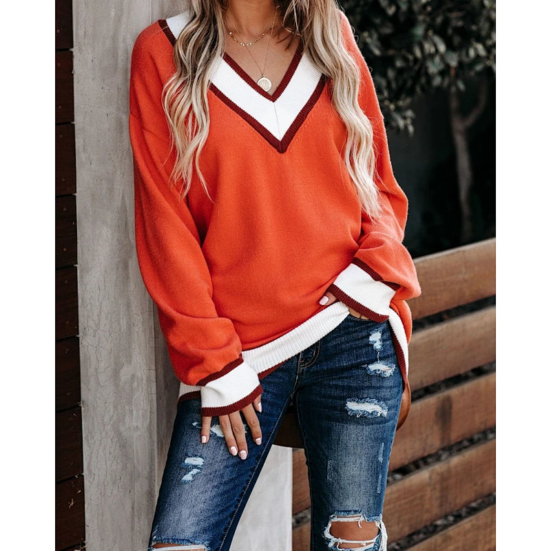 V-neck striped women fashion clothes casual luxury plus size handmade knitted thick sweater 2021 winter outdoor custom logo