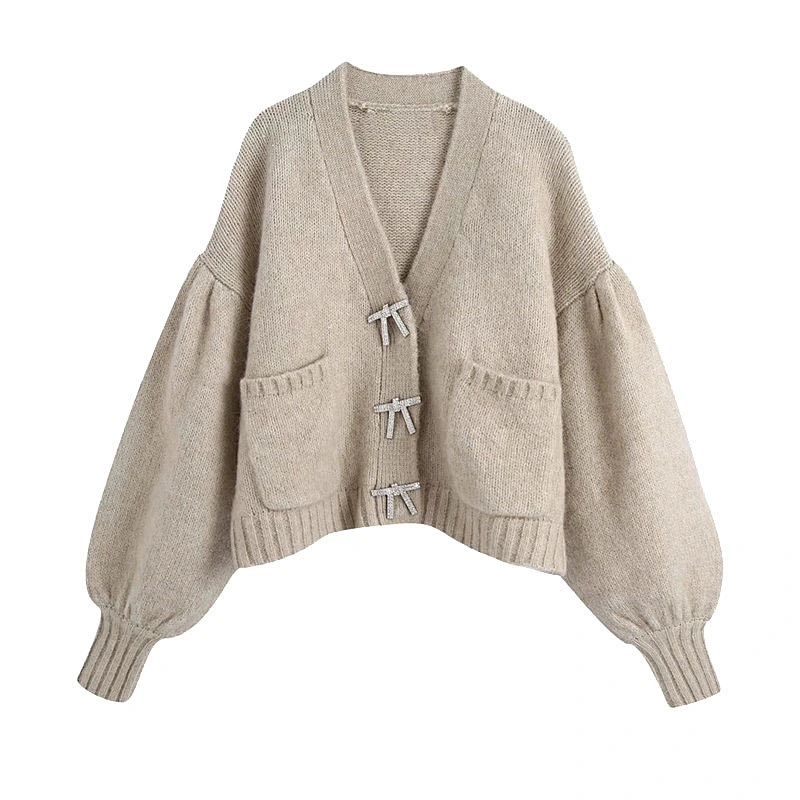 Women Fashion Knitted Cardigan Sweater Vintage Puff Sleeve Loose Tops Blouse