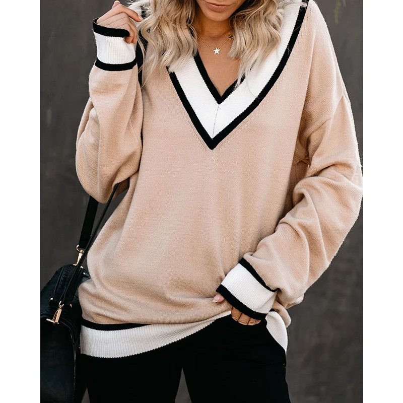 V-neck striped women fashion clothes casual luxury plus size handmade knitted thick sweater 2021 winter outdoor custom logo