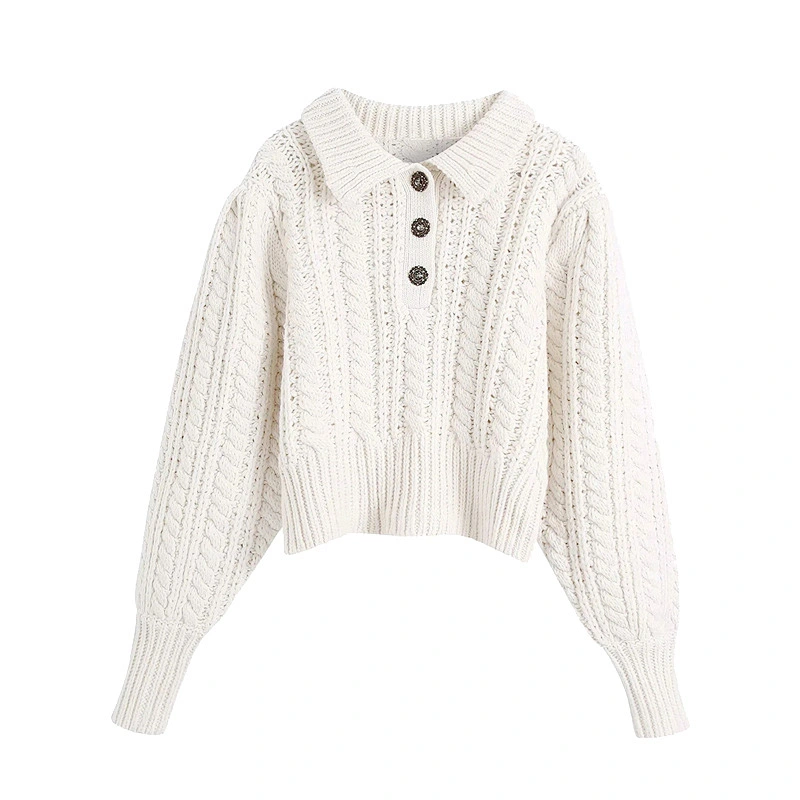 cotton cardigan for women  Lantern Sleeve sweater tops women Rhinestone Buttons Cropped Cable-Knit turtleneck sweater